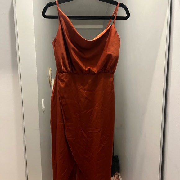 Showpo SISTERS BY HEART ASYMMETRIC COWL NECK MIDI DRESS IN COPPER SATIN - Picture 3 of 6